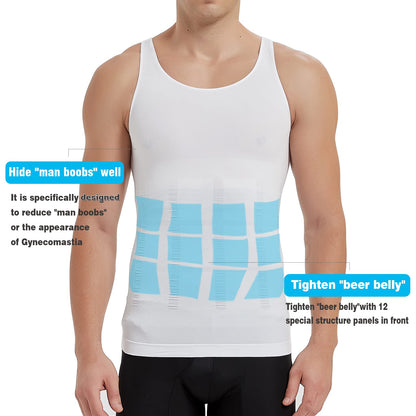 KOCLES Mens Athletic Compression Shirt Slimming Body Shaper Tank Top Abs Abdomen Slim Vest Undershirt (White, Large)