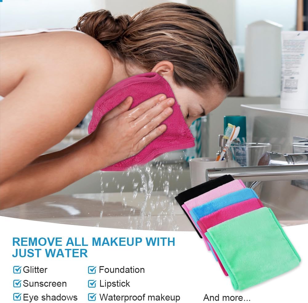 URAQT 5 Pack Face Cloths Make Up Remover Microfibre Face Wipes for Reusable Makeup Remover Cloth Washable Ultra Soft Facial Cleansing Wipe Cloths (Blue/Rose/Red Black/Pink/Green)