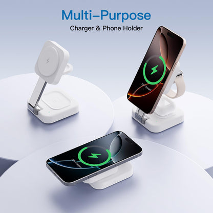 2025 Traveling Wireless Mag-safe Fast Charging Station,Magnetic 3 in 1 Charger with Light for iPhone 16 15 14 13 12 Pro Max Plus,Apple Watch Series & Air pods 4 3 2 Pro-Gifts for Wife & Husband(White)