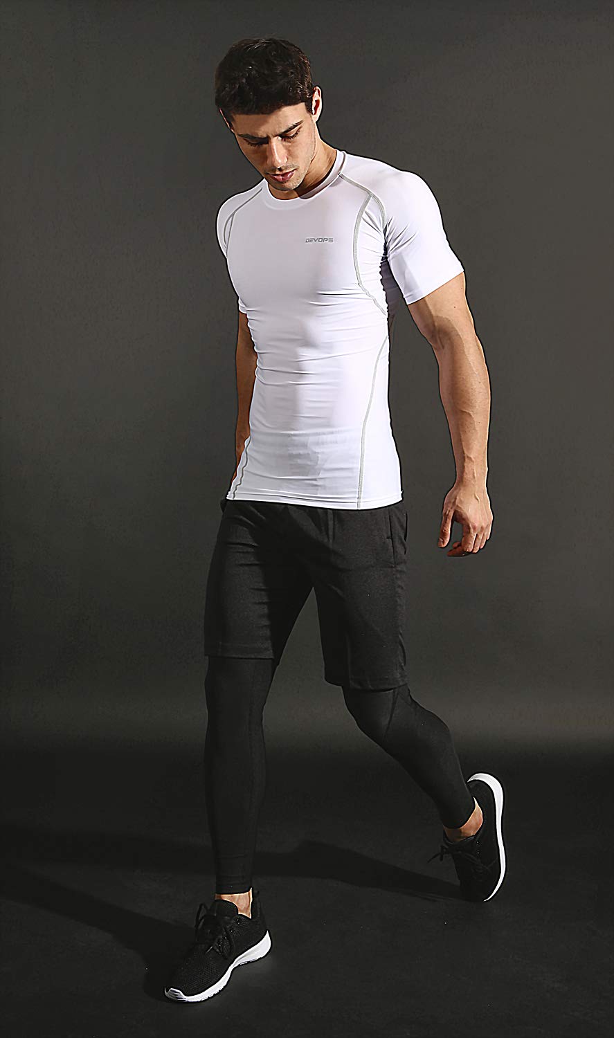 DEVOPS 3 Pack Men's Cool Dry Short Sleeve Compression Shirts, Sports Baselayer T-Shirts Tops, Athletic Workout Shirt (Large, White/White/White)