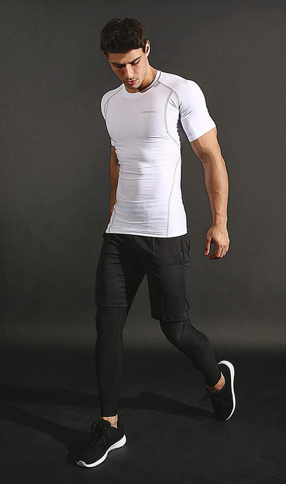 DEVOPS 3 Pack Men's Cool Dry Short Sleeve Compression Shirts, Sports Baselayer T-Shirts Tops, Athletic Workout Shirt (Large, White/White/White)