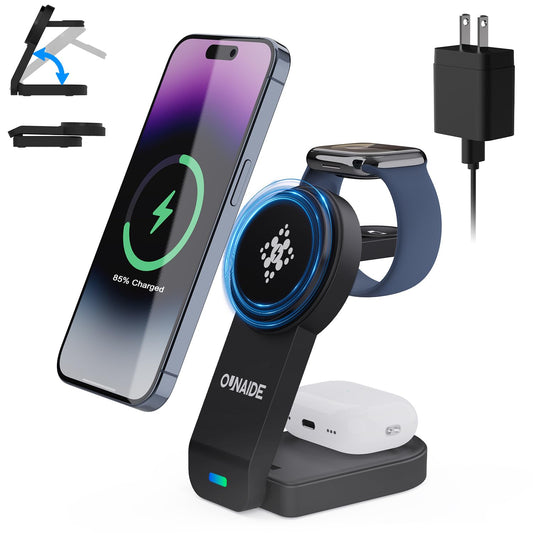 2025 Magnetic 3 in 1 Wireless Charger, Mag-Safe Charger Stand Wireless Charging Station for Apple iPhone 16/15/14/13/12 Series, for Apple Watch and Airpods, 18W Foldable Fast Charging Dock - Black