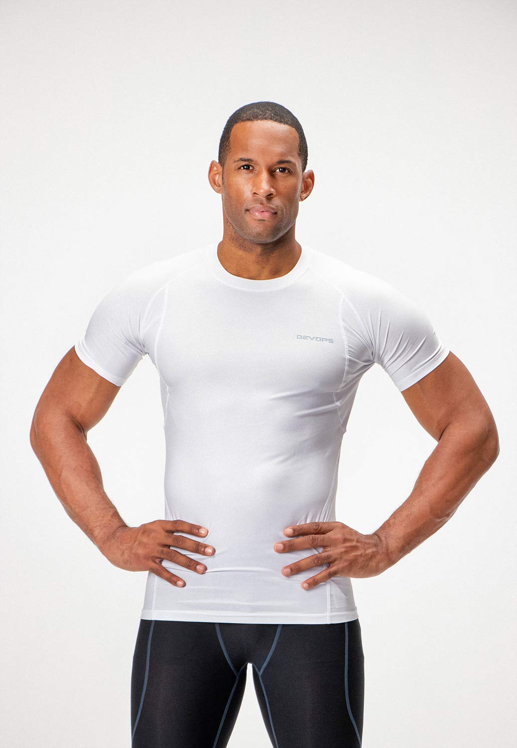 DEVOPS 3 Pack Men's Cool Dry Short Sleeve Compression Shirts, Sports Baselayer T-Shirts Tops, Athletic Workout Shirt (Large, White/White/White)