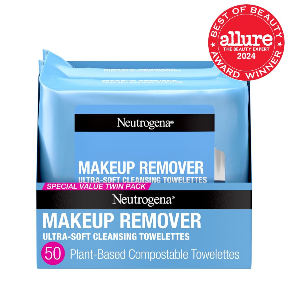 Neutrogena Makeup Remover Cleansing Face Wipes, Daily Cleansing Facial Towelettes to Remove Waterproof Makeup and Mascara, Alcohol-Free, Value Twin Pack, 25 Count, 2 Pack