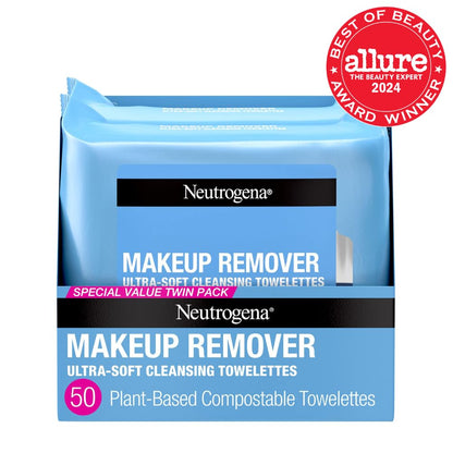 Neutrogena Makeup Remover Cleansing Face Wipes, Daily Cleansing Facial Towelettes to Remove Waterproof Makeup and Mascara, Alcohol-Free, Value Twin Pack, 25 Count, 2 Pack