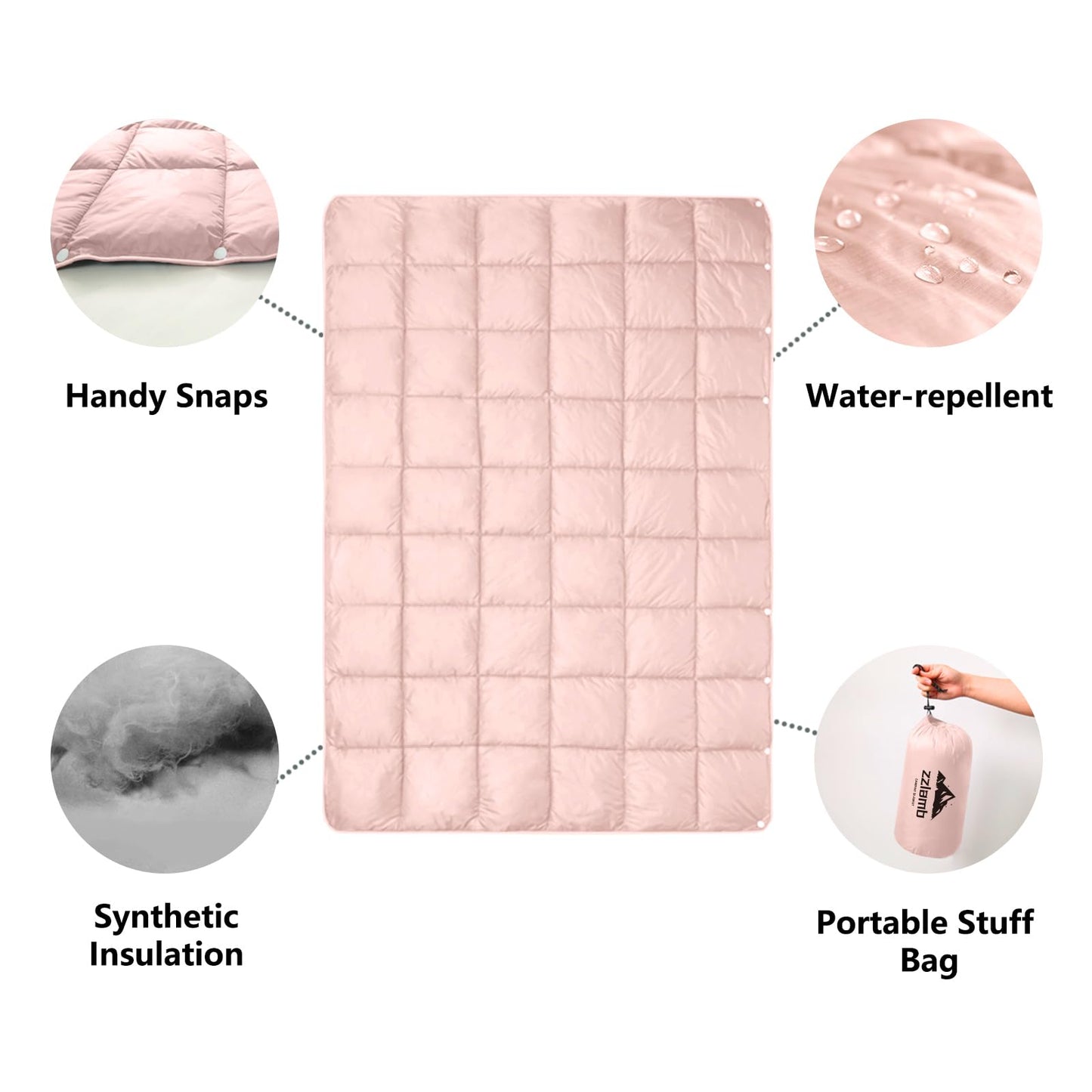 zzlamb Puffy Camping Blanket Down Alternative Small Size for Kid, Lightweight Water-Repellent Throw Blanket Compact, Portable Quilt Couch Travel Beach Picnic Hammock Backpacking, Cherry Pink 39''x55''