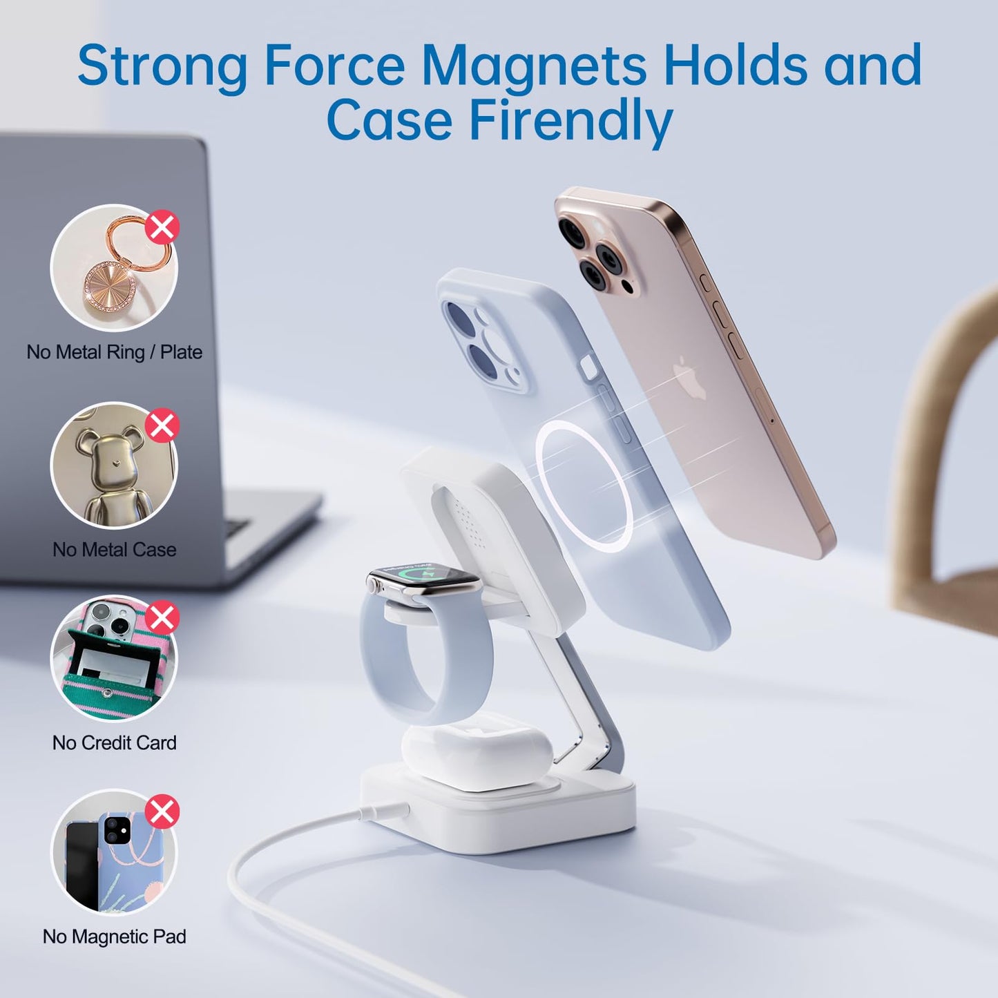 2025 Traveling Wireless Mag-safe Fast Charging Station,Magnetic 3 in 1 Charger with Light for iPhone 16 15 14 13 12 Pro Max Plus,Apple Watch Series & Air pods 4 3 2 Pro-Gifts for Wife & Husband(White)