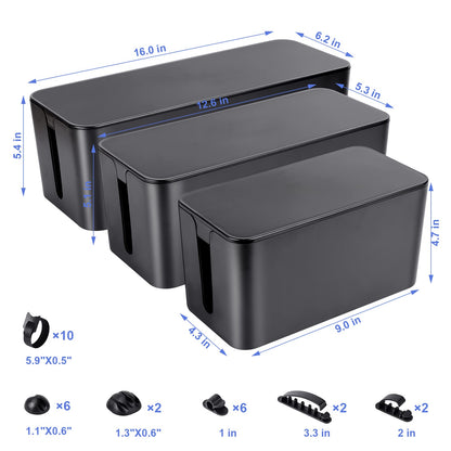 Chouky Cable Organizer Box Set of Three, Power Cover Cord Holder Surge Protector for Desk (Black)
