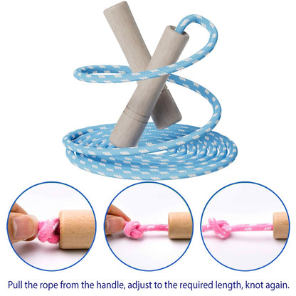Cotton Jump Rope for Kids - Wooden Handle - Adjustable Cotton Braided Fitness Skipping Rope - Outdoor Fun Activity, Great Party Favor, Exercise Activity, Pack of 2 (Blue+Green)