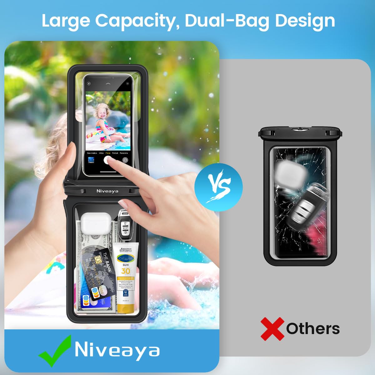 Niveaya Double Space Waterproof Phone Pouch - 2 Pack, Waterproof Phone Lanyard Case with iPhone 16/15/14/13/12 Pro Max up to 8.3", Phone Dry Bags for Vacation Beach Pool Kayak Cruise Travel Essentials