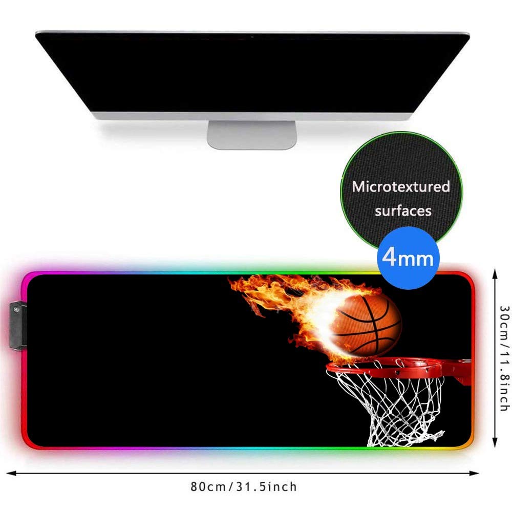 ZYCCW Large RGB Gaming XXL Mouse Pad with Stitched Edge 31.5×15.7×0.15 Fire Basketball Mouse Mat Customized Extended Glowing Led Gaming Mouse Pad Anti-Slip Rubber Base Ergonomic Mouse Pad for Computer