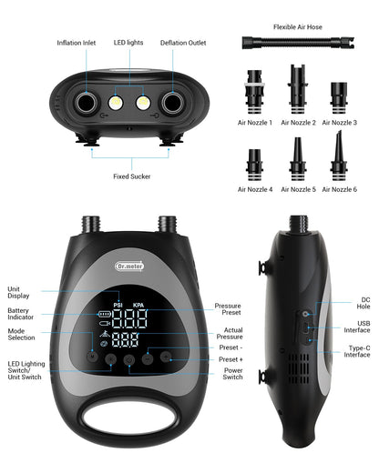 Dr.meter Paddle Board Pump, Rechargeable 20PSI High Pressure Dual Powered Portable Electric SUP Air Pump with LED Light Auto-Off Inflate Deflate, for Stand Up Paddle Boards Inflatable Kayaks Boats