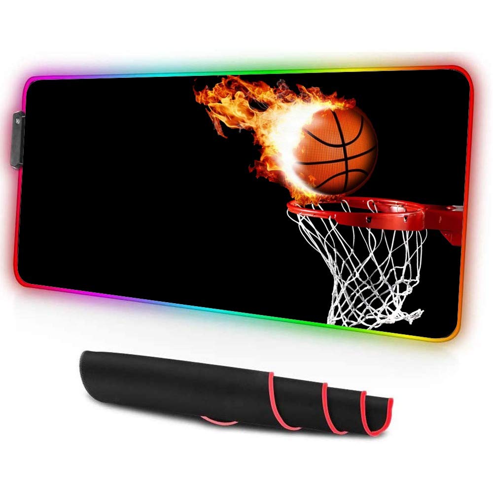 ZYCCW Large RGB Gaming XXL Mouse Pad with Stitched Edge 31.5×15.7×0.15 Fire Basketball Mouse Mat Customized Extended Glowing Led Gaming Mouse Pad Anti-Slip Rubber Base Ergonomic Mouse Pad for Computer