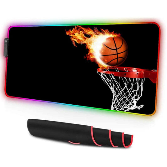 ZYCCW Large RGB Gaming XXL Mouse Pad with Stitched Edge 31.5×15.7×0.15 Fire Basketball Mouse Mat Customized Extended Glowing Led Gaming Mouse Pad Anti-Slip Rubber Base Ergonomic Mouse Pad for Computer