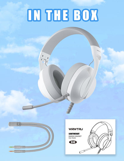 WIRWTRU S30 Gaming Headset with Microphone,198g Lightweight Design, Gaming Headphones for Xbox, Xbox Series X|S, PS5, PS4,Switch, PC, Noise Cancelling Mic, Soft Earmuffs,3.5MM Wired (White)