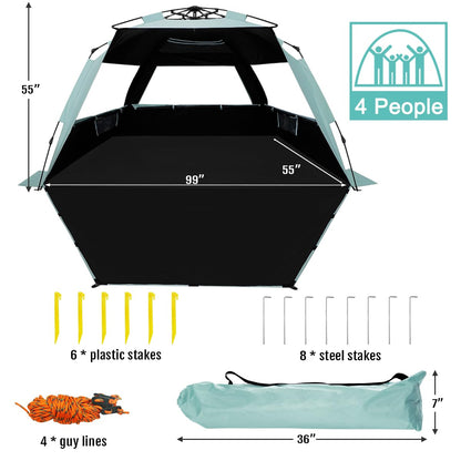 WhiteFang XL Pop Up Beach Tent Sun Shade Shelter for 3-4 Person with Blackout Shelter, UV Protection, Extendable Floor with 3 Ventilating Windows Plus Carrying Bag, Stakes, and Guy Lines (Mint Green)