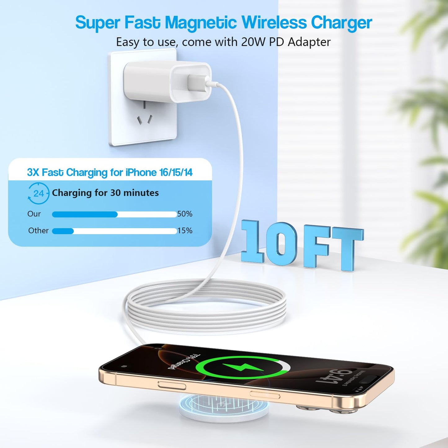 10FT Magnetic Wireless Charger,15W Fast Apple Mag-Safe Charger for iPhone 16/15 PD with USB C Apple Fast Charging Block 10 Foot Quick Charge for iPhone 16/16 Pro/Pro Max/15/14/13/12/11/AirPods 3/2/Pro