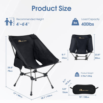 MOON LENCE Camping Chair Plus, Upgraded Comfort & Size, Still Compact and Lightweight, Folding Portable Chair for Backpacking & Hiking, 400Lbs Capacity, Gen 3 Plus (Black (Plus))