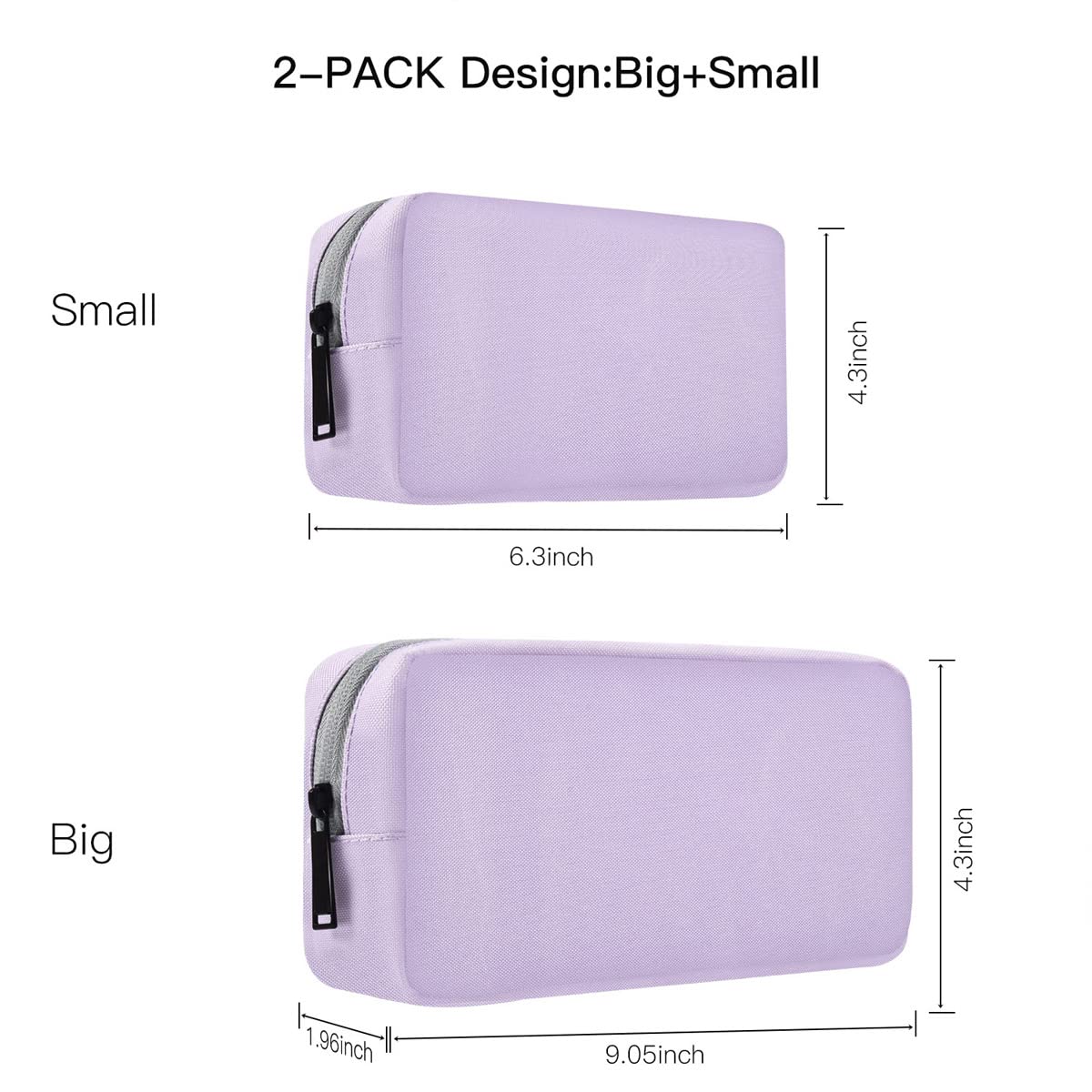 Universal Electronics Accessories Bag Pouch, 2-Pack Portable Soft Carrying Case Bag Wire Cable Organizer for Hard Drive, Power Adapter, Laptop Mouse, Cosmetics Kit, Cell Phone, Small+Big-Purple