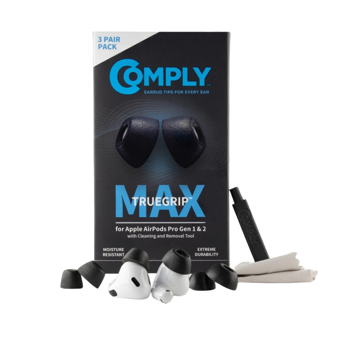 Comply TrueGrip MAX | Premium Memory Foam Replacement Earbud Tips for Apple AirPods Pro 1 & 2 | Long Lasting Comfort, Extreme Durability, Secure Fit, Superior Noise Isolation| Black (Large) (3 Pairs)