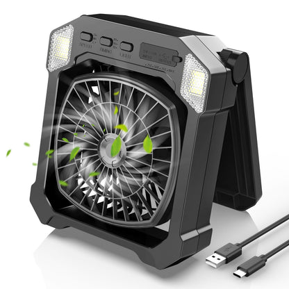 Camping Fan Solar Powered, Portable Solar Fan 10000mAh USB Rechargeable Battery Operated with Light, Quiet Outdoor Fans for Tent, RV, Emergency, Hiking, Power Outage, Desk, Greenhouse, Survival Kit