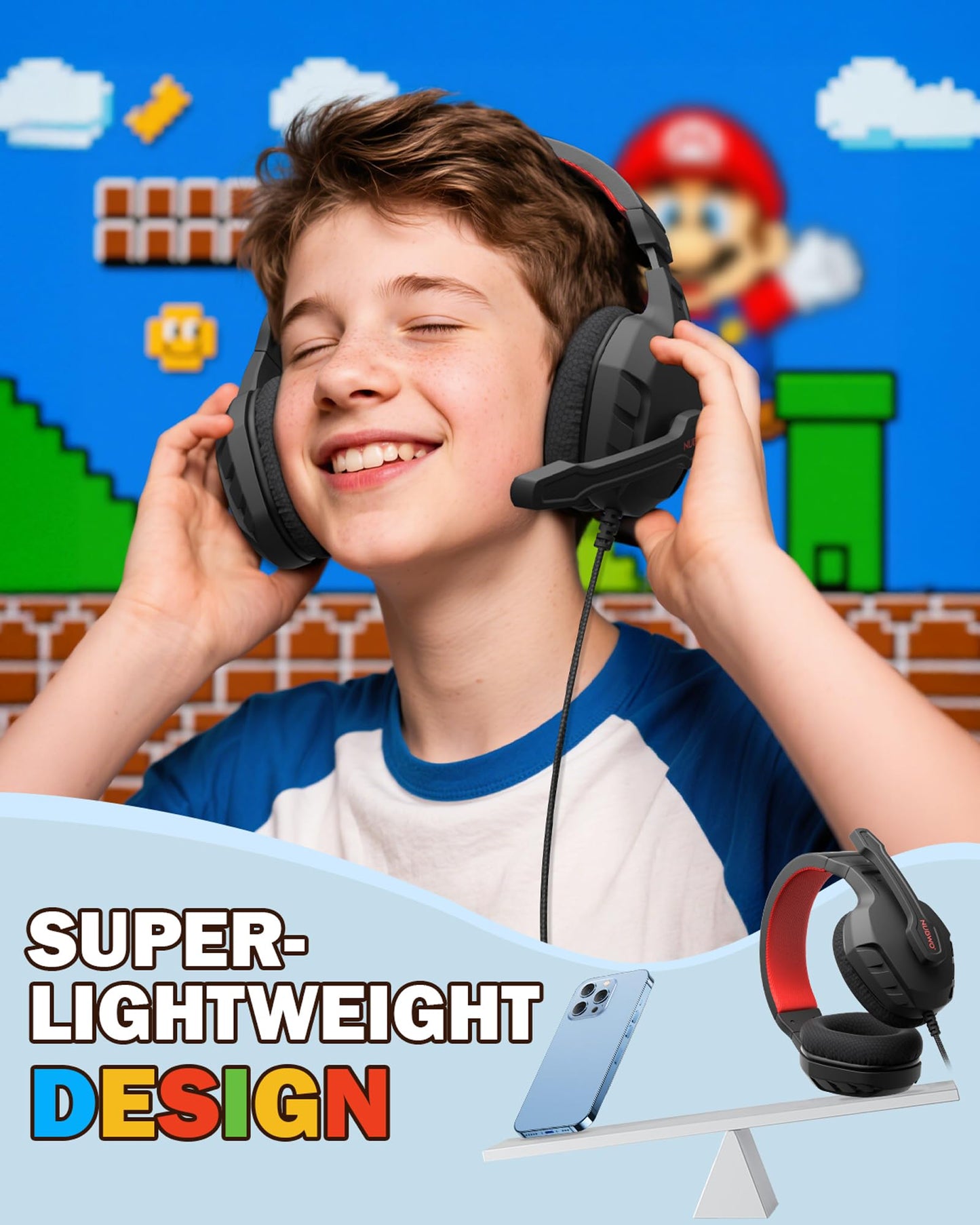 NUBWO U3 Gaming Headset with Microphone, Safe Volume Limited, Kids Headphones for Switch, Super Lightweight, Rich Sound, 3.5mm Jack for NS, PS4, PS5, Xbox, Tablet, iPad Computer, Red