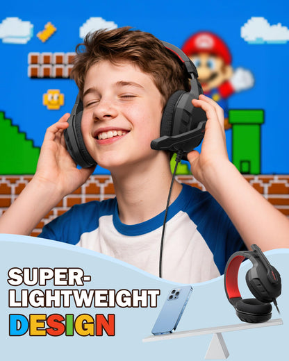 NUBWO U3 Gaming Headset with Microphone, Safe Volume Limited, Kids Headphones for Switch, Super Lightweight, Rich Sound, 3.5mm Jack for NS, PS4, PS5, Xbox, Tablet, iPad Computer, Red