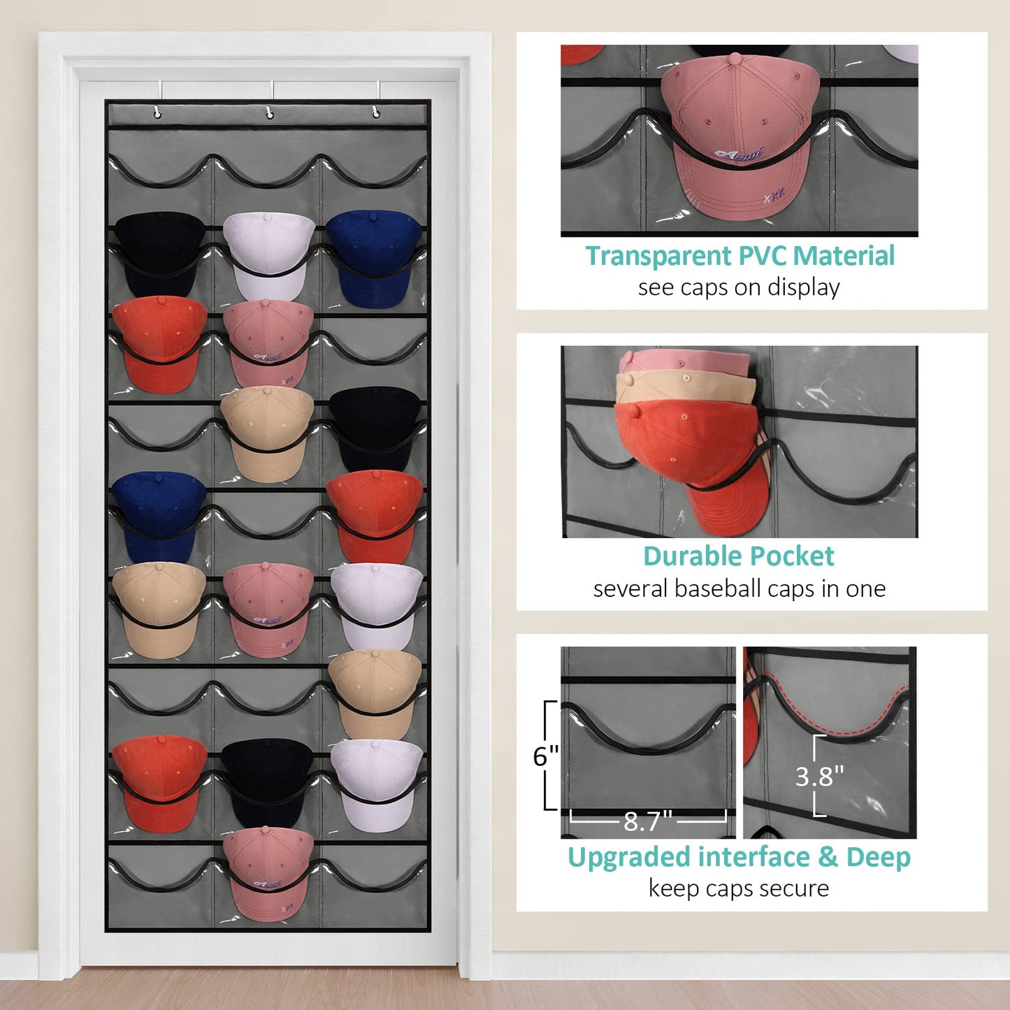27 Pockets Hat Rack For Baseball Caps Hanging Hat Organizer Over The Door Hat Storage Organizer For Closet Wall With Large Clear Pockets & 3 Hooks Caps Hat Holder Hanger for Baseball & Sport Caps