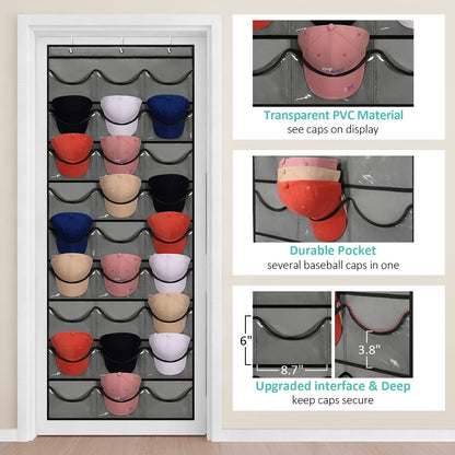 27 Pockets Hat Rack For Baseball Caps Hanging Hat Organizer Over The Door Hat Storage Organizer For Closet Wall With Large Clear Pockets & 3 Hooks Caps Hat Holder Hanger for Baseball & Sport Caps