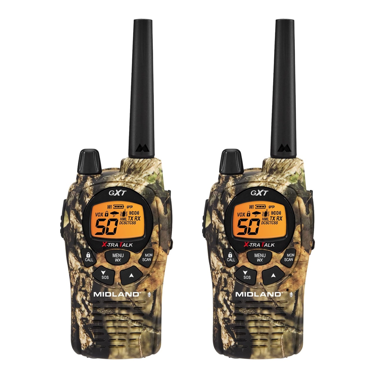 Midland – Handheld GMRS 50 Channel Two-Way Radio - Long Range Walkie Talkies with Rechargeable Batteries - GXT1050VP4 - Hiking Hunting Camping Gear – Boom Mic headsets - Mossy Oak Camo – Combo 2 Pack