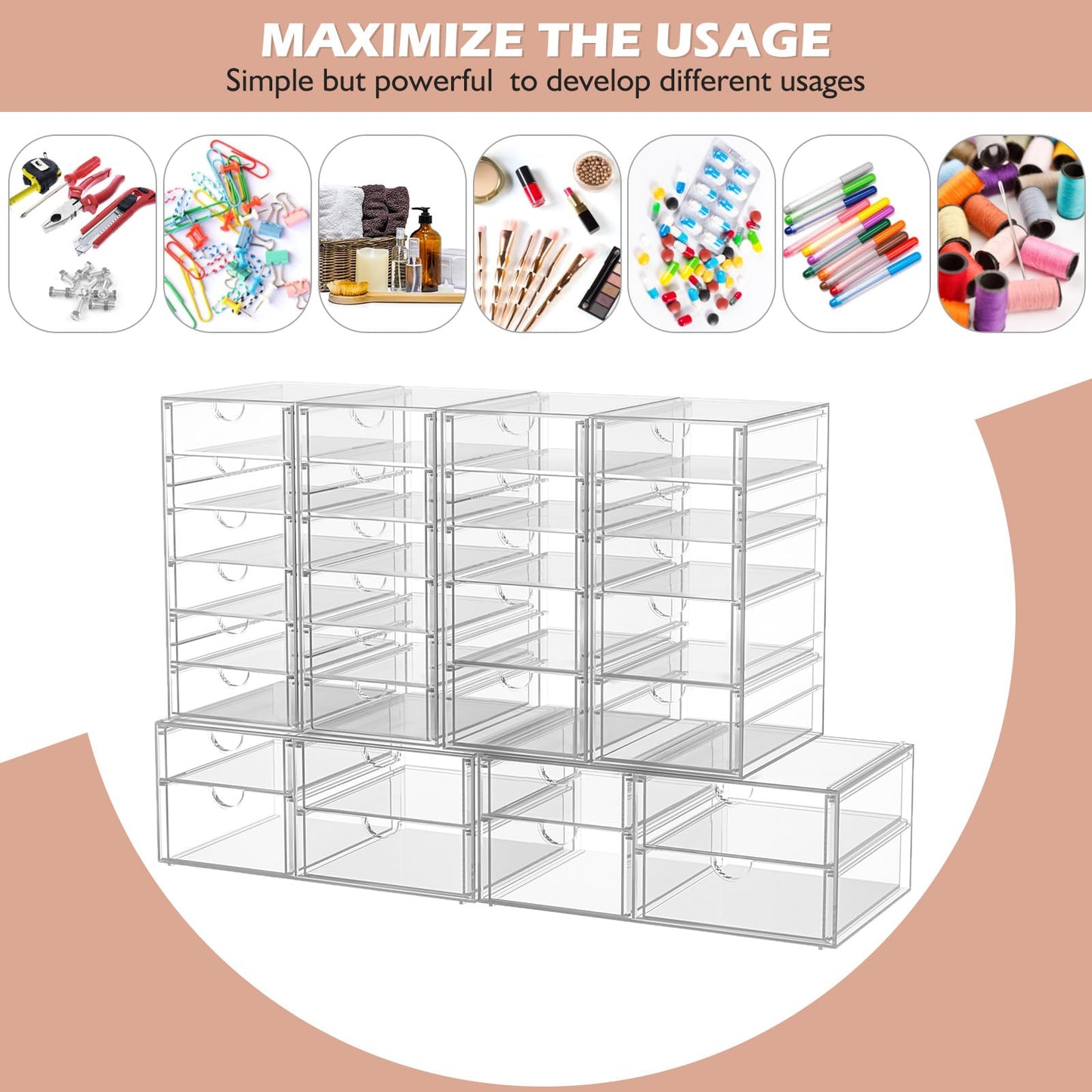 2 Pack Desk Organizers, Makeup Organizer Storage With 7 Drawers, Desktop Office Supplies, Clear Desk Accessories, Dustproof Drawer Organizer and Storage for Make Up, Jewelry, Pen, Desktop Stationary
