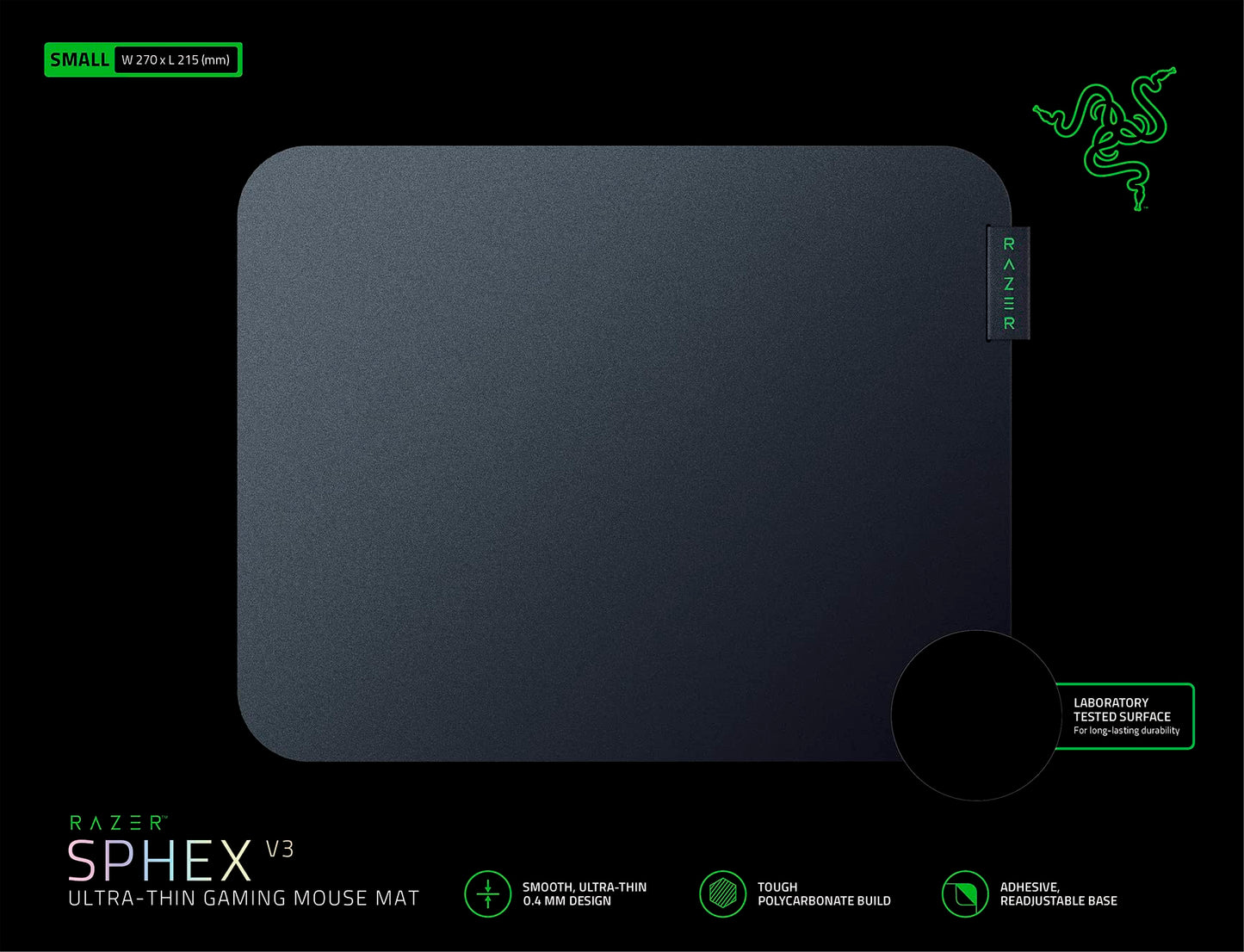 Razer Sphex V3 Hard Gaming Mouse Mat: Ultra-Thin Form Factor - Tough Polycarbonate Build - Adhesive Base - Small