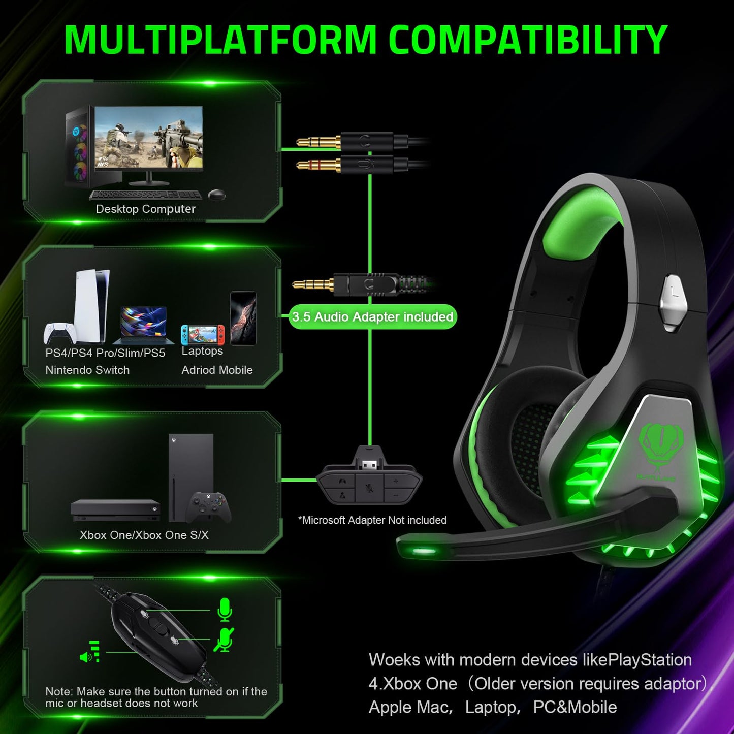 Pacrate Gaming Headset with Microphone for PC, PS4, PS5, Switch, Xbox Series X/S, Noise Cancelling Gaming Headphones with LED Lights for Kids Adults, Black Green