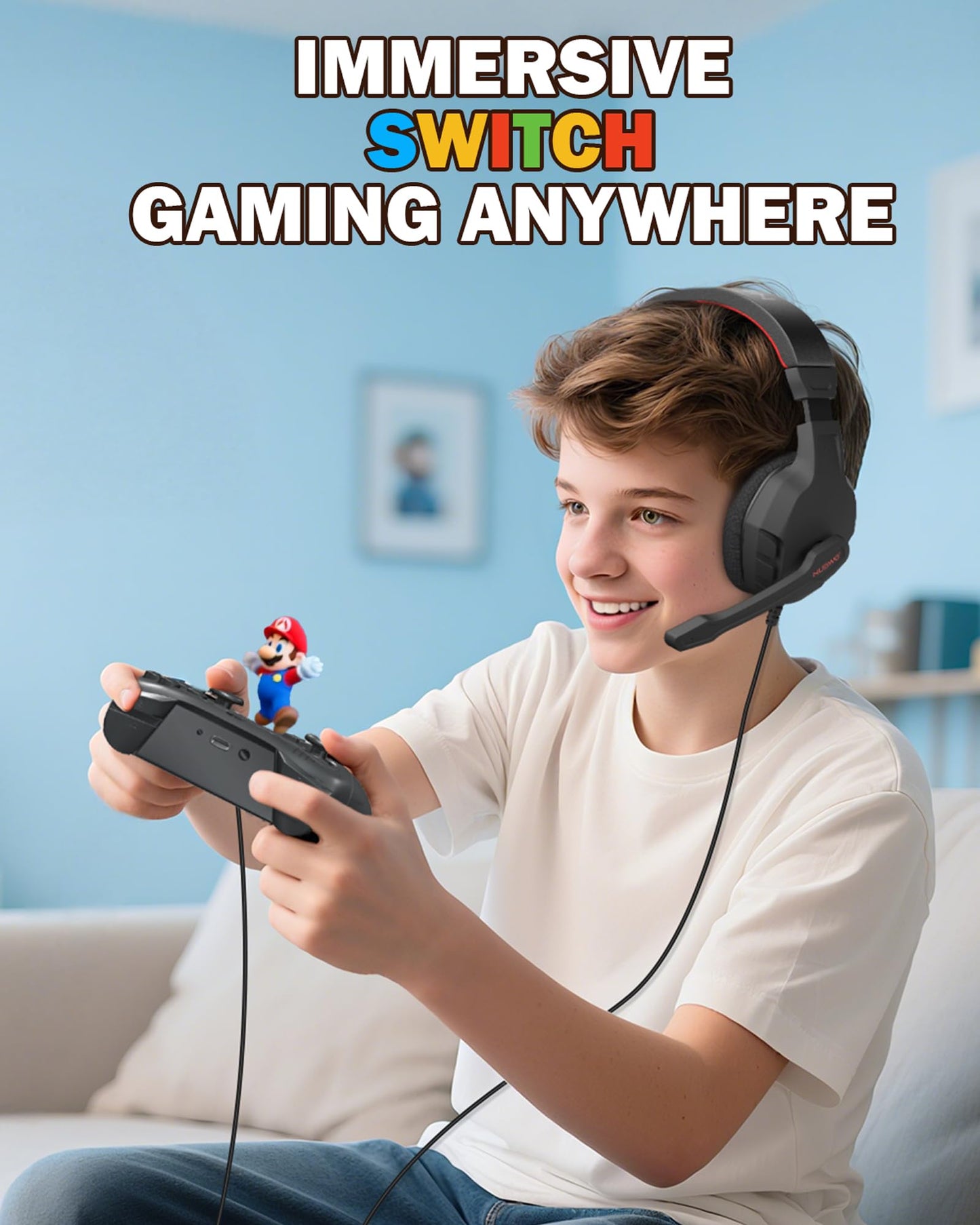 NUBWO U3 Gaming Headset with Microphone, Safe Volume Limited, Kids Headphones for Switch, Super Lightweight, Rich Sound, 3.5mm Jack for NS, PS4, PS5, Xbox, Tablet, iPad Computer, Red