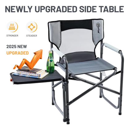 PORTAL Tablet Table Camping Directors Chair, Foldable Camp Chair with 2-Way Rotatable Side Table, Outdoor Folding Chairs for Adults, Heavy Duty Supports 300LBS for Lawn Patio Beach, Grey