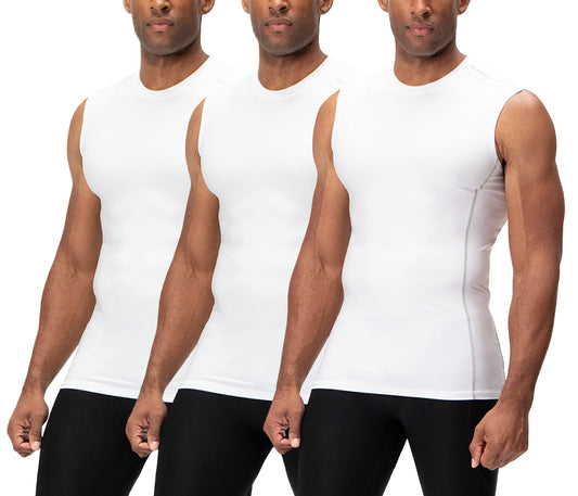 DEVOPS 3 Pack Men's Athletic Compression Shirts Sleeveless (Small, White/White/White)