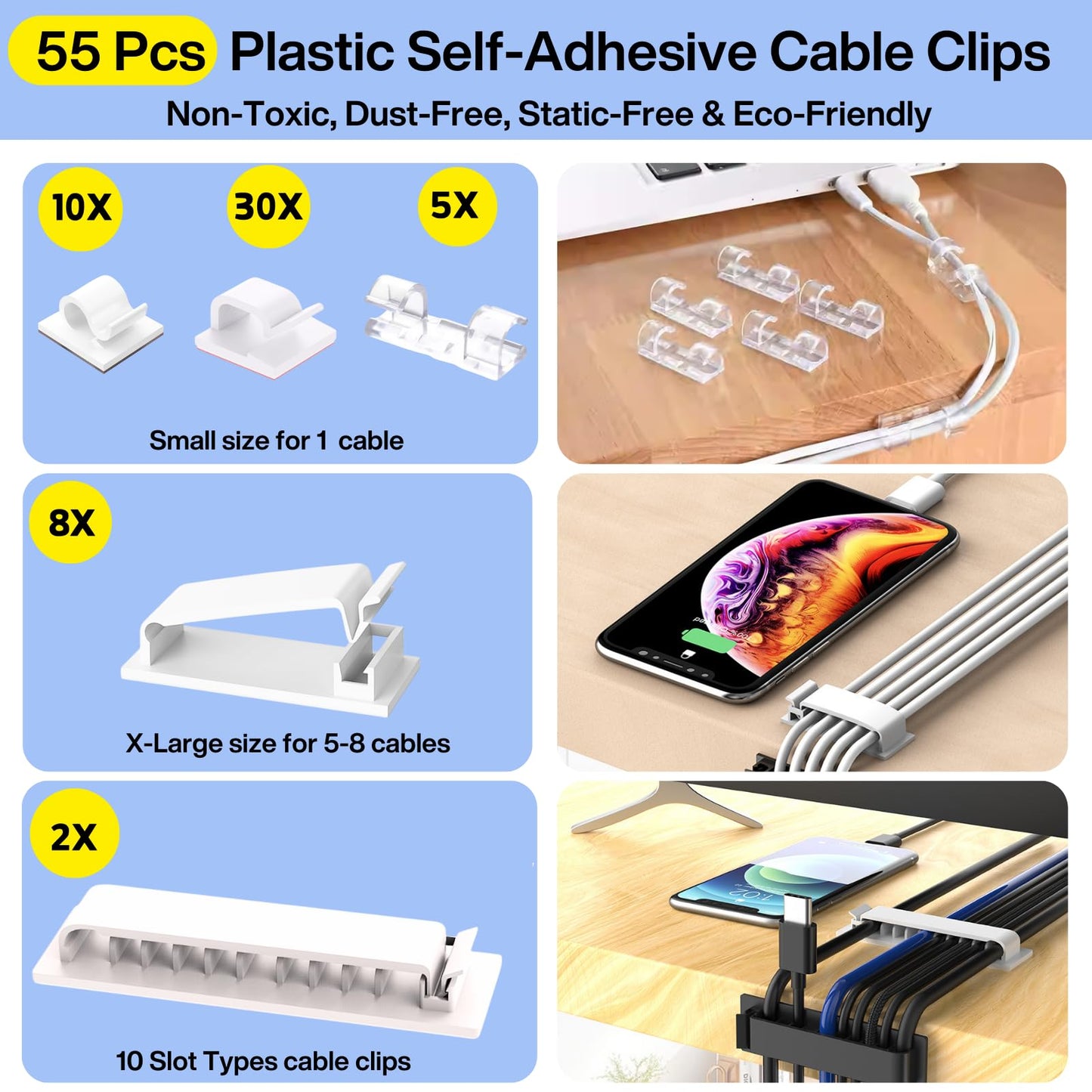 [313Pcs] Cable Management Kit, 67 Adhesive Cable Clips, Topavatop Desk Cord Organizer, 22 Reusable Cable Strap, 4 Cable Sleeve Split, 200 Nylon Cable Zip Ties with 20 Mounts for TV Office Home, White
