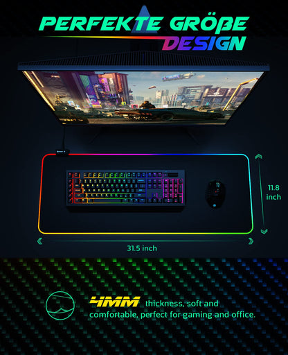 RGB Gaming Mouse Pad, UtechSmart Large Extended Soft Led Mouse Pad with 14 Lighting Modes 2 Brightness Levels, Computer Keyboard Mousepads Mat 800 x 300mm / 31.5×11.8 inches