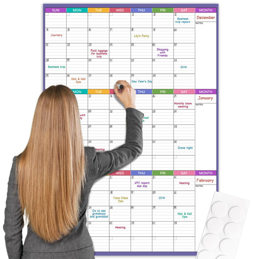 Large Dry Erase Calendar For Wall - Undated 3 Month Calendar, 28'' x 40'', Erasable & Reusable Laminated White Board With 8 Round Stickers, Vertical Layout for Office, Classroom and Home