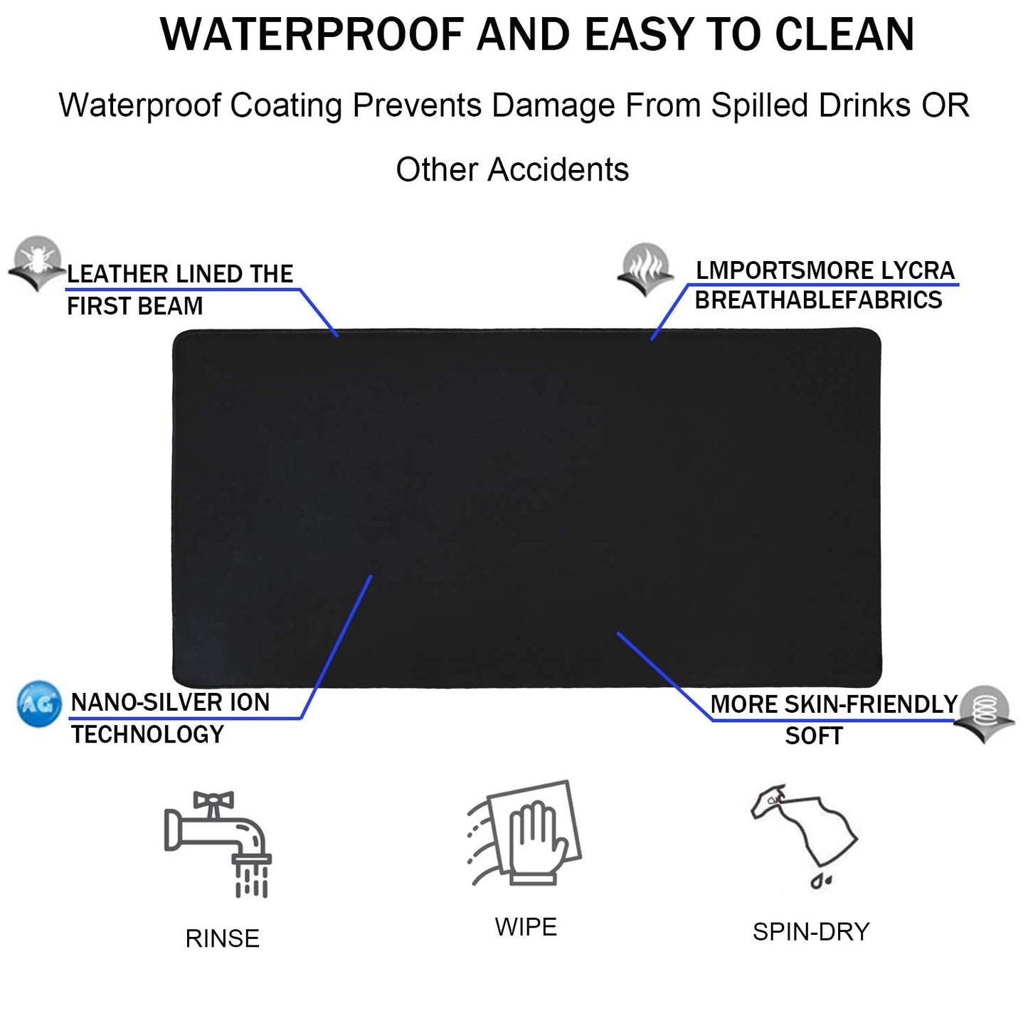 TEDNETGO Large Gaming Mouse Pad, Waterproof Extra Large Big Mouse Pad with Stitched Edge, XXL Non-Slip Black Computer Long Mousepad Desk Mat for Gamer, Office & Home, Black