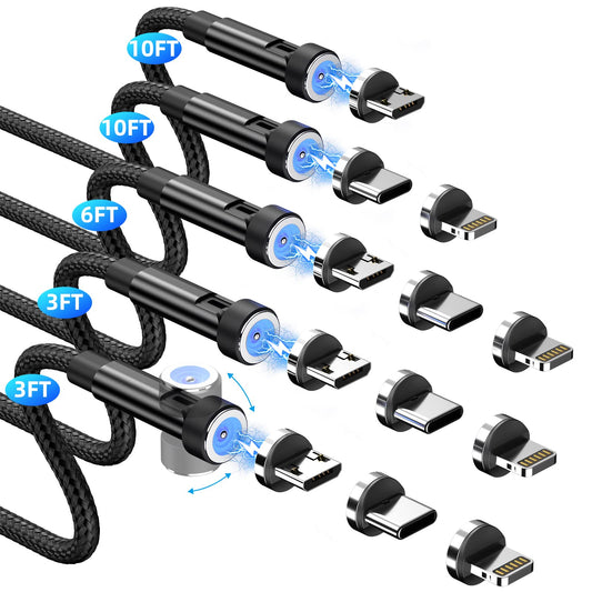 3 in 1 Magnetic Phone Charger - 5-Pack Rotating Magnetic Charger Cable with LED Light, Nylon Braided Cord for Micro-USB, USB C and i-Product Devices - Black