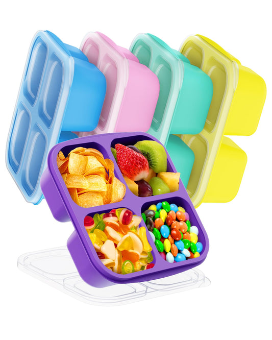 5 Pcs Bento Snack Containers, Reusable 4 Compartment Divided Food Storage Containers, Divided Lunchable Container for School, Work and Travel (Transparent Lids)