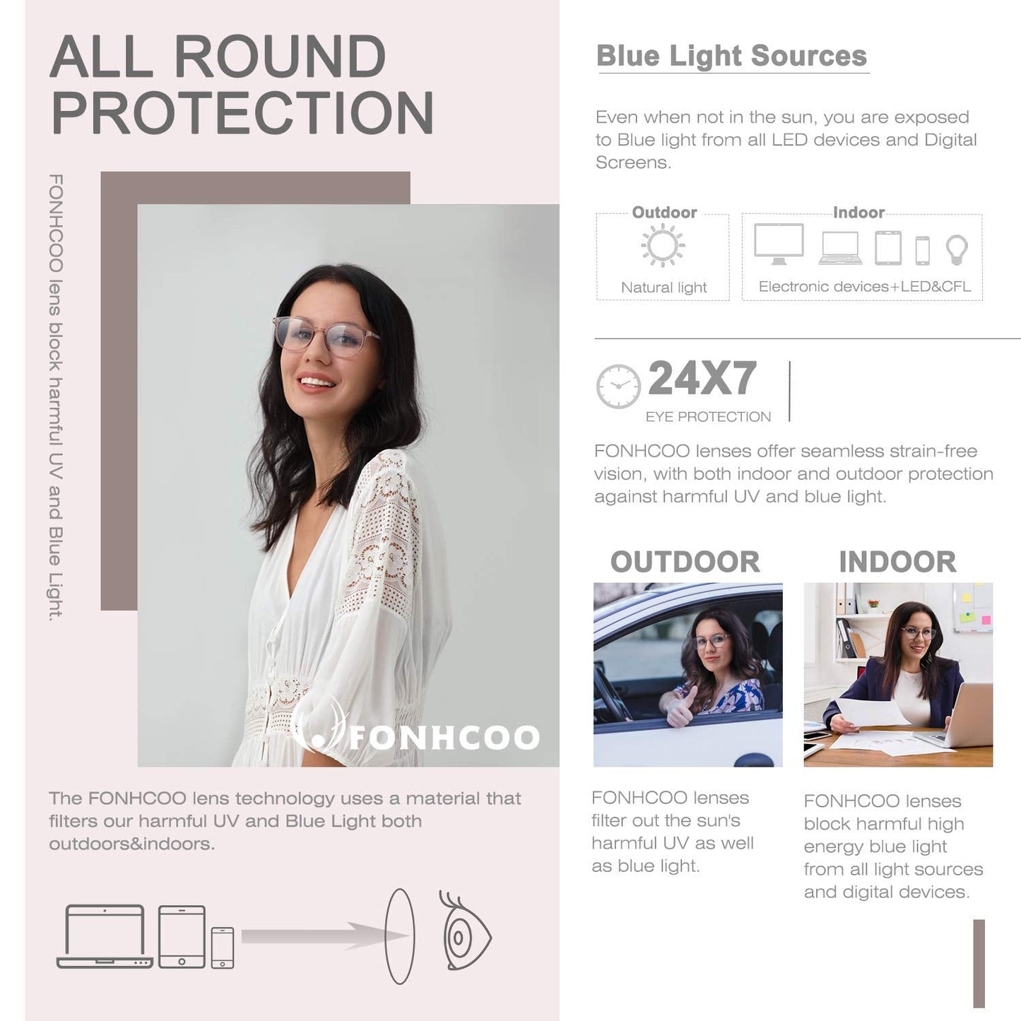 FONHCOO Blue Light Blocking Glasses Women Men Computer Eyeglasses,TR90 Fashion Round Transparent Anti Blue Light Glasses with Anti Eyestrain & UV Glare for Gaming & Reading (Flesh Pink)