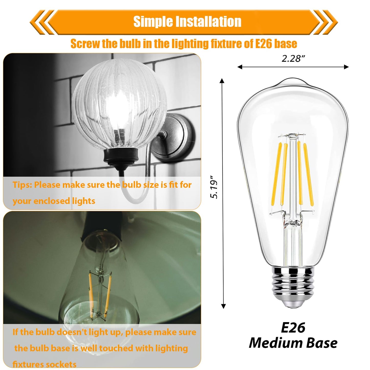 winsaLED 16 Pack LED Edison Bulbs 40W Equivalent, 4000K Cool White Dimmable ST19 Light Bulb, 4W LED Filament Bulb, 450LM E26 Vintage Bulbs for Ceiling Light Fixtures