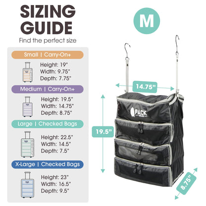 Pack Gear Hanging Carry-On Organizer - Our Fitted Hanging Luggage Organizer Perfectly Fits Any Carry On - Our Packing Cubes For Travel Use Mesh Windows to Make Finding Clothes Easy (Black, M)