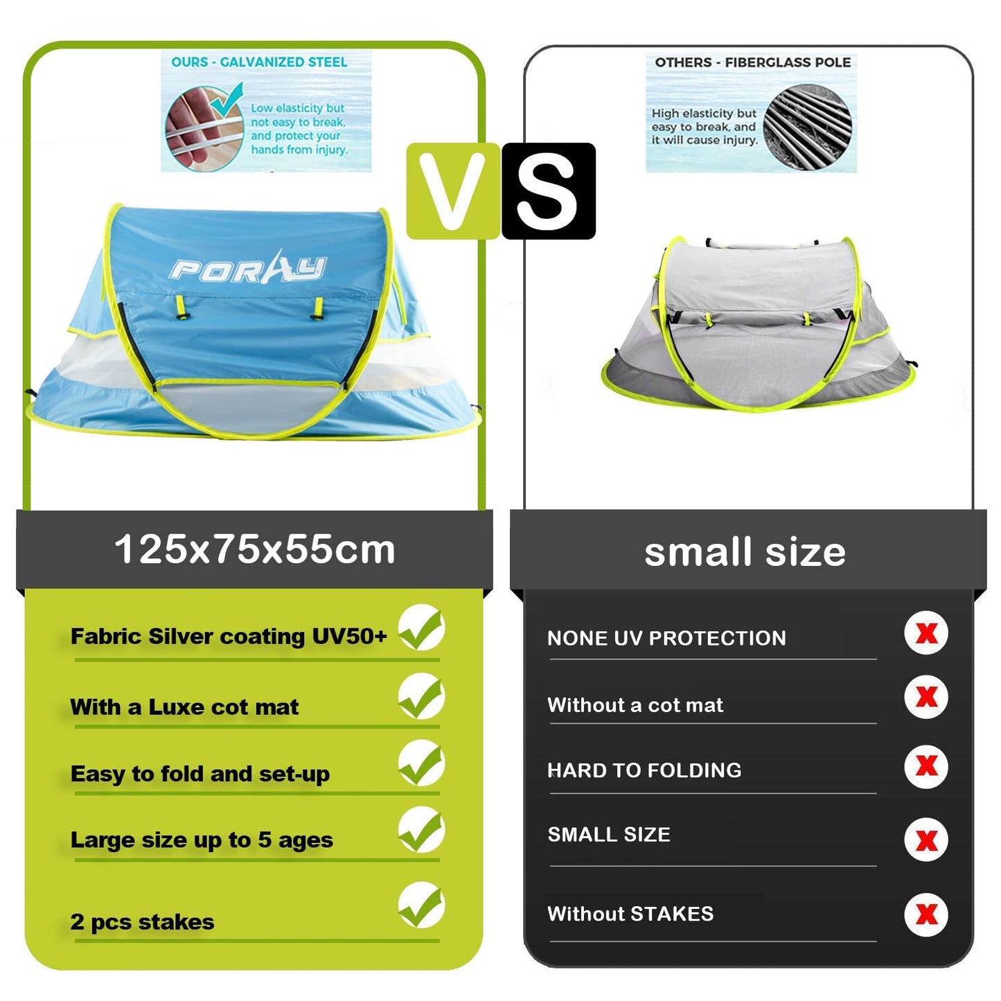 porayhut Portable Pop Up Kids Beach Tent with Mat UPF 50+ Sun Shelter for Mosquito Net,Large Sunshade Kids Travel Tent with Mat and 2 Stakes