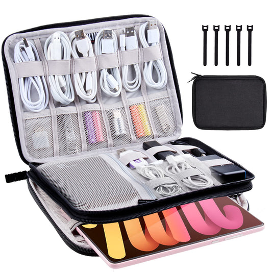 CNPOP Electronics Organizer Travel Case Cord Cable Charger Organizer Bag Travel Accessories Essentials for Women Men Double Layers Tech Pouch with 5 Cable Ties for Phone Power Bank SD Card USB, Black
