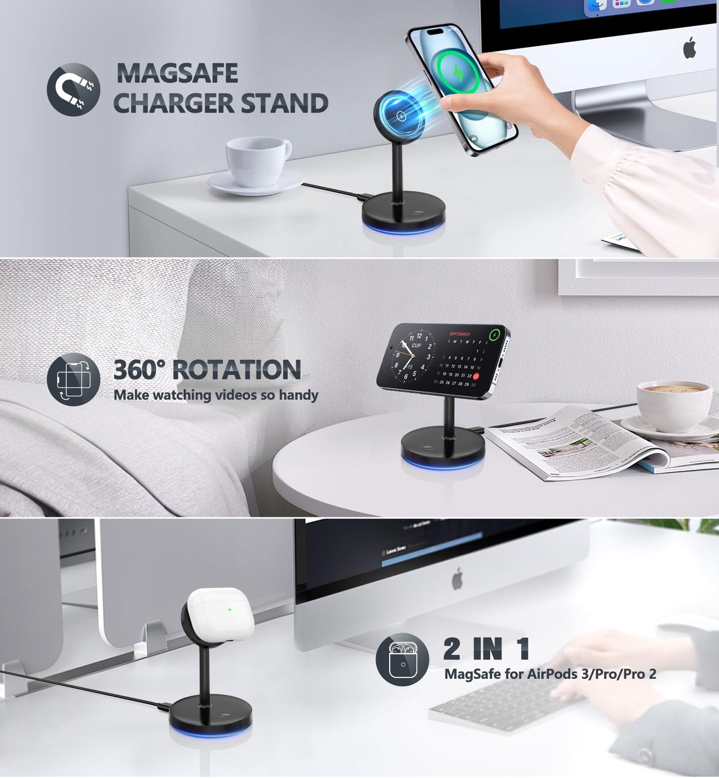 2 Pack Mag-Safe Charger Stand 15W Magnetic Wireless Charging Station for iPhone 16 15 14 13 12 Pro/Pro Max/Plus/Mini Magnet Wireless Charging Station/Pad with LED Light for AirPods 3/2/Pro/Pro 2