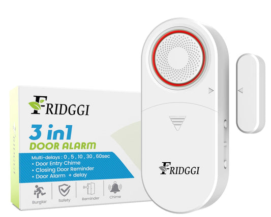 3in1 Alarm - Door Ajar Alarm, Door Chime with Delay, 0/5/10/30/60 Seconds, 2/5 Minutes, Close Door Reminder, 80 to 120 dB, Time Delay Alert When Left Open for Freezer, Home, Shop. (White)