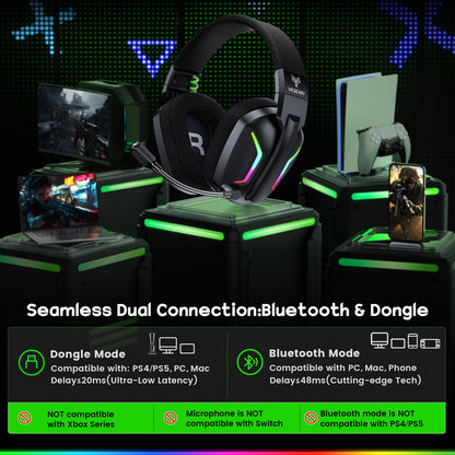 WESEARY Wireless Gaming Headsets for PC, PS5, PS4, Switch, Mac, 2.4GHz Wireless Gaming Headphone with ENC Noise Canceling Microphone, Bluetooth 5.4, Cool Lighting, 50H Battery, 50mm Drivers
